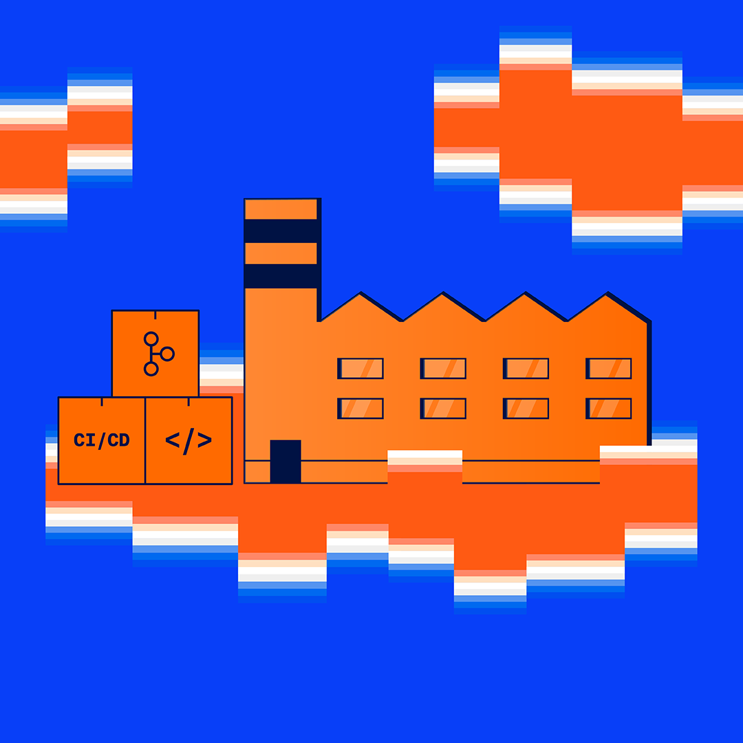 Smart factory illustration showing CI/CD automation and code-based infrastructure for modernizing legacy manufacturing IT systems