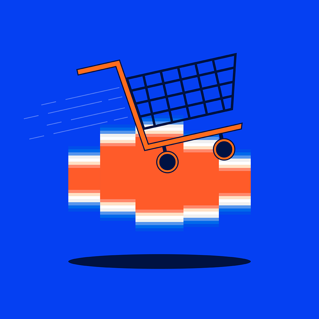 Ilustracja wózka zakupowego przyspieszającego dzięki chmurze, symbol skalowania e-commerce