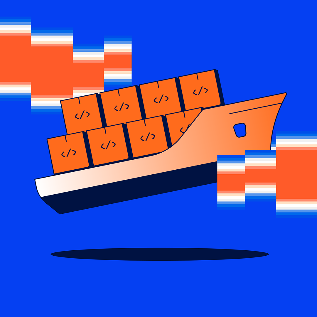 Cargo ship carrying code containers representing cyber-compliance and secure digital supply chains for logistics and automotive tenders